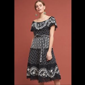 Black and White A-Line Embroidered Dress Off Shoulder Marisol - Size 4